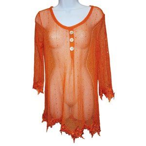 Women's Multiples Orange Mesh Net Sequined Sweater Blouse Small Swimsuit Cover